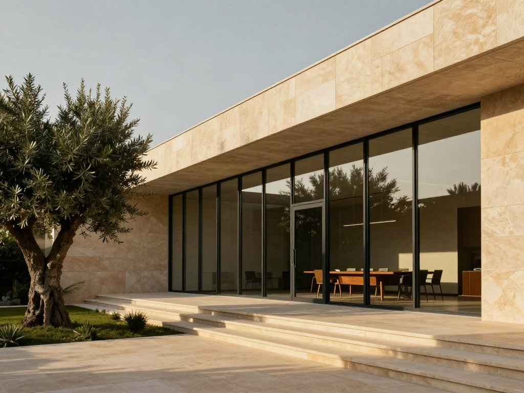 Sunlit contemporary executive office with warm stone architecture, glass meeting rooms and an olive tree