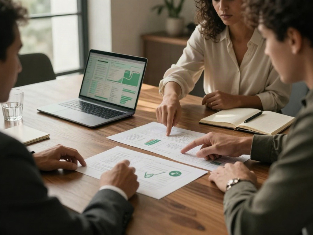 A leadership team reviewing business analytics and strategic priorities together around a conference table